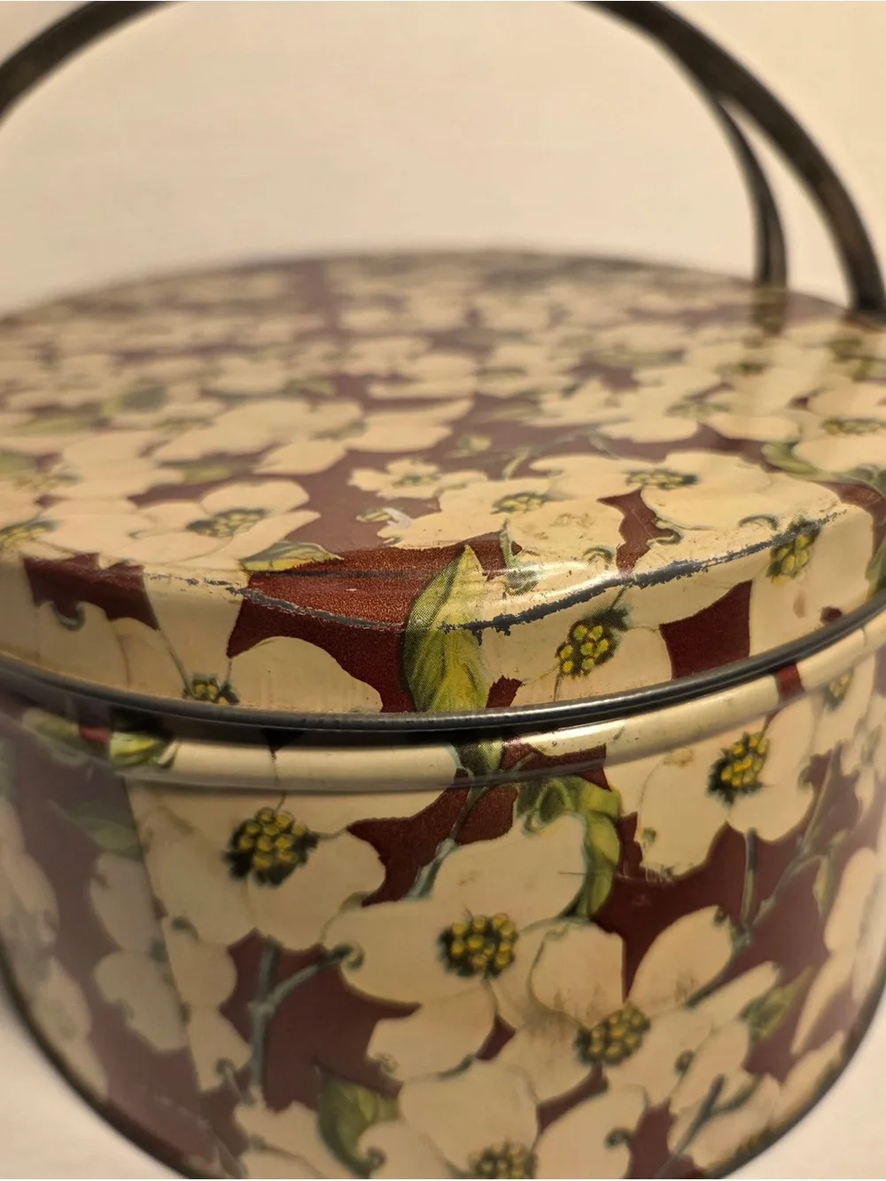 Vintage Dogwood Flower Metal Tin With Handles White Brown Sewing Basket
